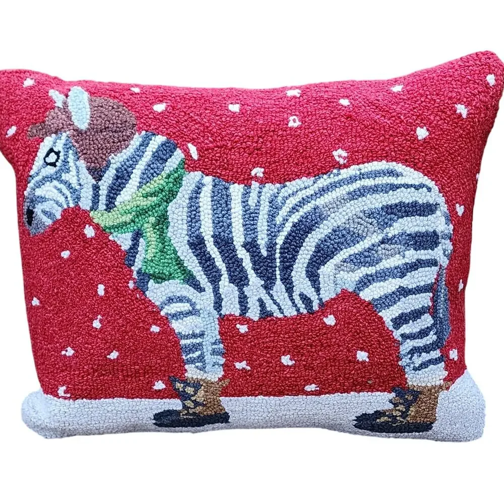 Grandin Road Zebra Winter Wonderland Hooked Wool Pillow 14x18 Holiday Decor ICON